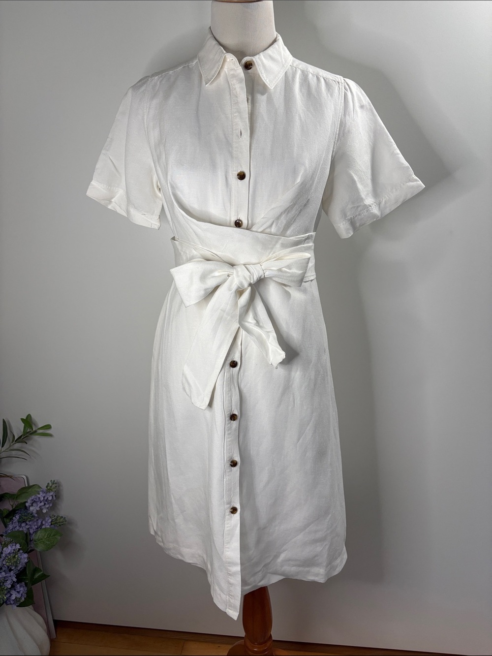 Ann Taylor White Button-Front Tie-Waist Midi Dress 12P